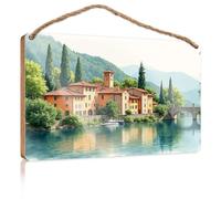 Home Office Signs for Doors Funny A Picturesque Riverside Village with Historic Buildings Signs for Bathroom Farmhouse Bathroom Sign(15X28CM)