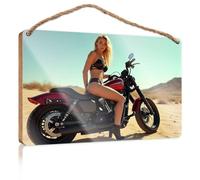 Home Office Signs for Doors Funny A Woman in A Bikini Sits On A Red Motorcycle in The Desert Wooded Sign Signs for Kitchen Boys Bedroom Decorations(15X28CM)