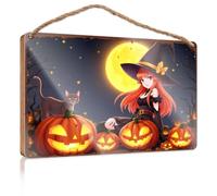 Home Office Signs for Doors Funny Halloween Witch with Pumpkins Under The Moon Wooded Sign Signs for Kitchen Boys Bedroom Decorations(15X28CM)