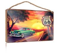 Home Office Signs for Doors Funny Vintage Car Driving On Route 66 At Sunset Signs for Bathroom Farmhouse Bathroom Sign(20X30CM)