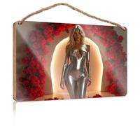 Home Office Signs for Doors Funny Woman in Metallic Suit with Rose Arch Backdrop Signs for Bathroom Farmhouse Bathroom Sign(15X28CM)