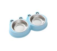 Home Pet Cute Cartoon Frog Design 2 In 1 Double Bowl Food Set Durable Stainless Steel Cat and Dog Feeding Dish with Non Slip Base (Blue, 27.5x14.5cm)