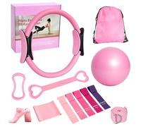 Home Pilates Essentials Kit for Women, with 5 Resistance Bands - Pink Magic Circle Pilates Kit for Home Toning, Includes Yoga Ball, Stretch Strap & Gym Bag (13-Piece Complete Starter Set) (Pink)