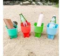 Home Queen Beach Cup Holder with Pocket, Multifunctional Sand Cup Holder for Beverage Phone Sunglasses Key, Beach Accessory Drink Sand Coaster, Set of 4 (Blue, Teal, Orange and Green)