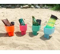 Home Queen Beach Getränkehalter mit Tasche, multifunktionaler Sandbecherhalter für Getränke, Telefon, Sonnenbrille, Schlüssel, Strandzubehör, Getränkesand, Untersetzer, Orange, Blau und Pink)
