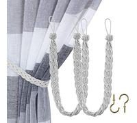 Home Queen Hand Braided Curtain Tie Back, Buckle Holdback Drapery Curtain Tiebacks, 2 Rope Belt Curtain Tie with 2 Metal Hooks, Silver