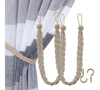 Home Queen Hand Braided Curtain Tie Back, Buckle Holdback Drapery Curtain Tiebacks, 2 Rope Belt Curtain Tie with 2 Metal Hooks, Taupe