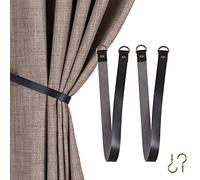 Home Queen Leather Curtain Tie Backs, Outdoor Drapery Holder Holdbacks Tiebacks with Wall Hooks, Set of 2, Black