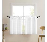 Home Queen White Water Resistant Bathroom Window Curtain, Waffle Textured Half Tier Curtains for Kitchen Cafe, 30" W X 36" L Inches, Set of 2