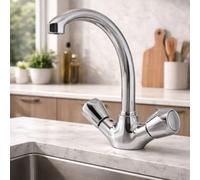 Home Range Chrome Deck Mounted Kitchen Mixer Tap - Dual Handle Mercia Modern Swivel Spout For Hot & Cold Water