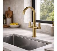 Home Range Jeroni Antique Brass Kitchen Mixer Tap With Swept Spout And Dual Handles - Modern Traditional Finish