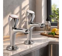 Home Range Mercia Modern High Neck Kitchen Tap Pair Chrome - Separate Hot & Cold Pillar Taps With Swivel Spouts