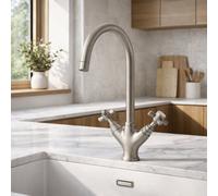 Home Range Sequel Brushed Nickel Kitchen Mixer Tap - Dual Cross Handles - Traditional High Swivel Spout