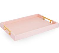 Home Redefined Modern Elegant 17.5"x12" Rectangle Baby Pink Tray Glossy Shagreen Faux Leather Decorative Ottoman Coffee Table Perfume Dresser Kitchen Serving Tray with Gold Polished Metal Handles.