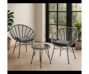 Home Republic 3Pc Black Rattan Bistro Set With Cushions Outdoor Garden Chairs And Glass Table For Patio