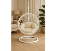Home Republic Dog & Cat Boho Luxury Rattan Egg Chair - Freestanding Indoor Pet Swing Bed with Waterproof Cushion, Wicker Hammock Pod Basket for Small Cats, Kittens & Puppies (White)