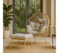 Home Republic Natural Rattan Egg Chair with Footstool & Thick Cushions for Garden or Conservatory | Size: 26.4L Home Republic Natural 26.4L