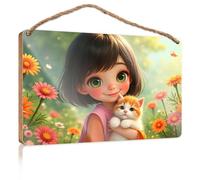 Home Sign for Front Porch A Girl Holding A Kitten Surrounded by Colorful Flowers Bathroom Funny Decor Decorative Hanging Sign(20X30CM)