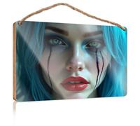 Home Sign for Front Porch A Person with Blue Hair and Dramatic Makeup Bathroom Funny Decor Decorative Hanging Sign(23X35CM)