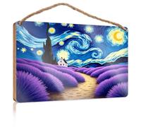 Home Sign for Front Porch A Starry Night Over A Lavender Field with A House Bathroom Funny Decor Decorative Hanging Sign(15X28CM)