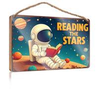 Home Sign for Front Porch Astronaut Reading Book On Alien Planet Bathroom Funny Decor Decorative Hanging Sign(20X30CM)