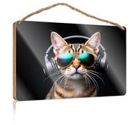 Home Sign for Front Porch Cat Cool: The Ultimate Headphone and Sunglasses Look Wooden Sign Large Home Sign Indie Room Decor(15X28CM)