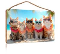 Home Sign for Front Porch Cats Wearing Sunglasses On The Beach Bathroom Funny Decor Decorative Hanging Sign(23X35CM)