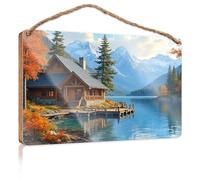 Home Sign For Front Porch Cozy Cabin By The Lake In Autumn Wooden Sign Wall Hanging Decor Sayings Funny Bathroom Art(15X28CM)