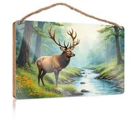Home Sign For Front Porch Elk By The Stream In A Lush Forest Wooden Sign Pool Decor Camper Decorations For Inside(20X30CM)