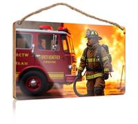 Home Sign for Front Porch Firefighter in Action with Fire Truck and Flames Bathroom Funny Decor Decorative Hanging Sign(20X30CM)