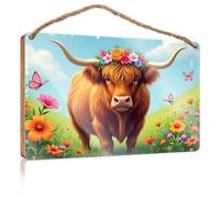 Home Sign for Front Porch Highland Cow in A Flower Garden Wooden Sign Large Home Sign Indie Room Decor(20X30CM)