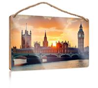 Home Sign for Front Porch London Skyline with Big Ben and Westminster Bridge Bathroom Funny Decor Decorative Hanging Sign(15X28CM)