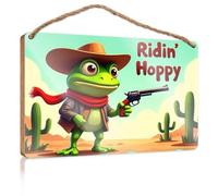 Home Sign for Front Porch Ridin' Hoppy: Frog in Cowboy Hat with Gun Bathroom Funny Decor Decorative Hanging Sign(15X28CM)