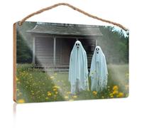Home Sign for Front Porch Two Ghosts Stand in Front of an Old Cabin Bathroom Funny Decor Decorative Hanging Sign(15X28CM)