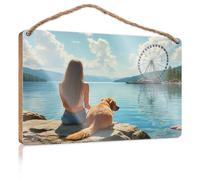 Home Sign for Front Porch Woman and Dog by The Lake with Ferris Wheel Wooden Sign Large Home Sign Indie Room Decor(15X28CM)