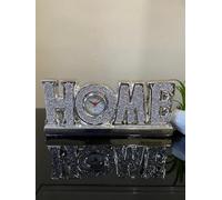 Home Sign Ornament with Clock and Crushed Diamond Crystals - Elegant Sparkling, Luxury Bling Home Decor for Living Room, Bedroom, or Office, Decorative Tabletop Display with Functional Clock