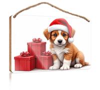 Home Signs Decor Christmas Pup with Presents Wooden Sign Fall Front Porch Decor Office Sign for Door Wood(15X28CM)