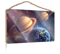 Home Signs Decor Exploring The Planets: Saturn, Jupiter, and Earth in Space Wooden Sign Fall Front Porch Decor Office Sign for Door Wood(20X30CM)
