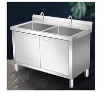 Home Sink Cabinet Double Basin Design Stainless Steel Sinks Adjustable Legs 1-Piece with Back Panel X-Shaped Channel H 31.5" Overflow-Preventing Beveled Edge(39.4x23.6x31.5)