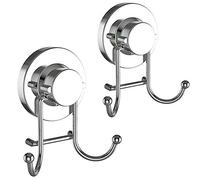 HOME SO Towel Hook with Suction Cup Holder - Bathroom Shower Kitchen Storage Organizer Hanger for Bath robe, Towel, Coat, Loofah - Stainless Steel, Chrome - 2 pack