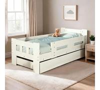 Home Source Kids Single Pull Out Trundle Guest Bed Compact Design Wooden Frame in White Home Source White Single