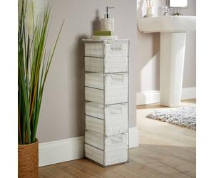 Home Source Ankara Fully Assembled Slim 4 Drawer Wicker Basket Storage Tower Unit Silver White