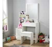 Home Source Arlo 4 Drawer Dressing Table Vanity Desk Mirror & Cushioned Stool in White Home Source White