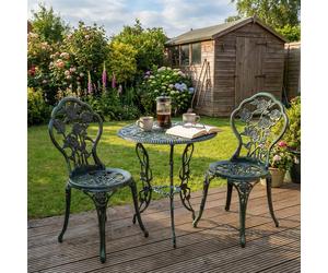 Home Source Bistro Set Outdoor Patio Garden Round Table & 2 Chairs Metal Frame in Bottle Green Home Source Bottle Green
