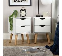 Home Source Boden Pair Bedside Cabinets With 2 Drawers Solid Wood Legs White, White