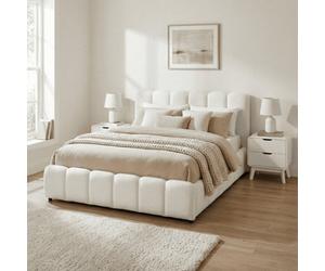 Home Source Bubble White Textured Velvet Ottoman Storage Bed With Padded Headboard