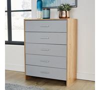 Home Source Chest 5 Drawers Bedroom Oak Black Storage Organiser Bedside Cabinet in Grey Home Source Grey