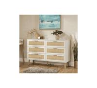 Home Source Chest of 6 Drawers Rattan Fronts & Solid Wooden Legs 120cm Wide in White Home Source White