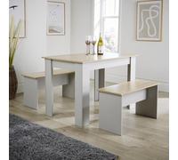 Home Source Dining Set Table Benches Wooden Unit Home Kitchen Seats 4 Two Tone in Grey Home Source Grey