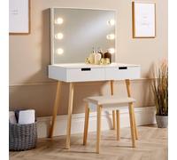 Home Source Dressing Table 2 Drawer Vanity Set Mirror Makeup Desk Padded Stool in White Home Source White